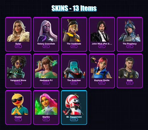 [PC/XBOX/PSN] | Dylan | Galaxy Crossfade | The Voidblade | John Wick (Pen & Ink) | The Prophecy | 13 skin | 26 pickaxe | 15 emote | 15 glider | Lv16 — Game account