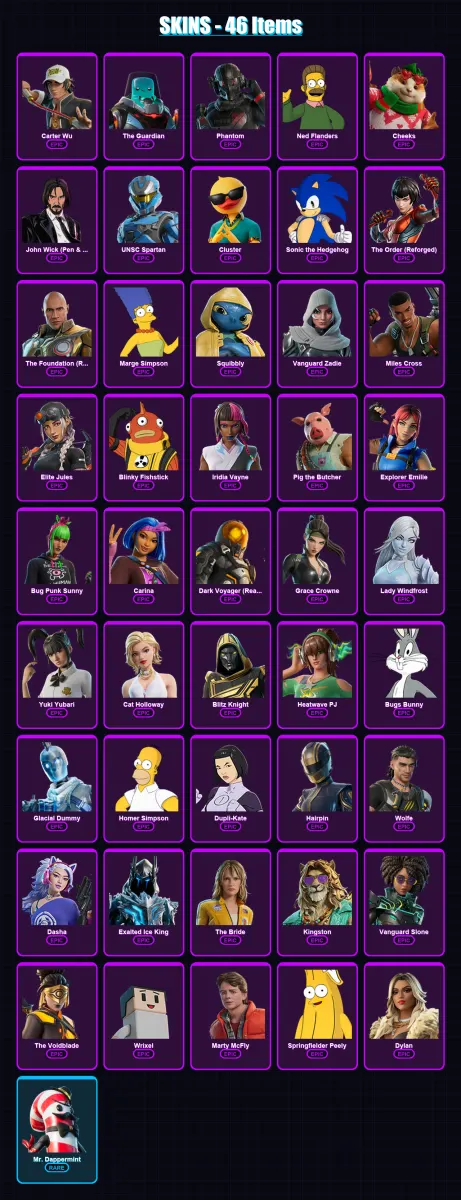 [PC/XBOX/PSN] | Carter Wu | The Guardian | Phantom | Ned Flanders | Cheeks | 46 skin | 107 pickaxe | 57 emote | 74 glider | Lv1411