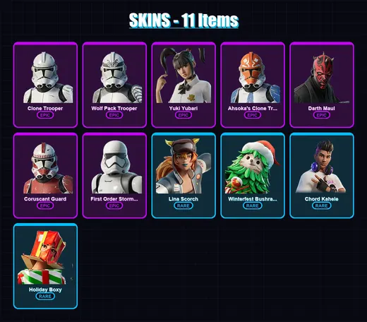 [PC] | Clone Trooper | Wolf Pack Trooper | Yuki Yubari | Ahsoka's Clone Trooper | Darth Maul | 11 skin | 33 pickaxe | 20 emote | 22 glider | Lv313 — Game account