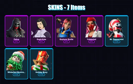 [PC/XBOX/PSN] | Felina | Dupli-Kate | Explorer Emilie | Yulejacket | Mr. Dappermint | 7 skin | 31 pickaxe | 14 emote | 14 glider | Lv264