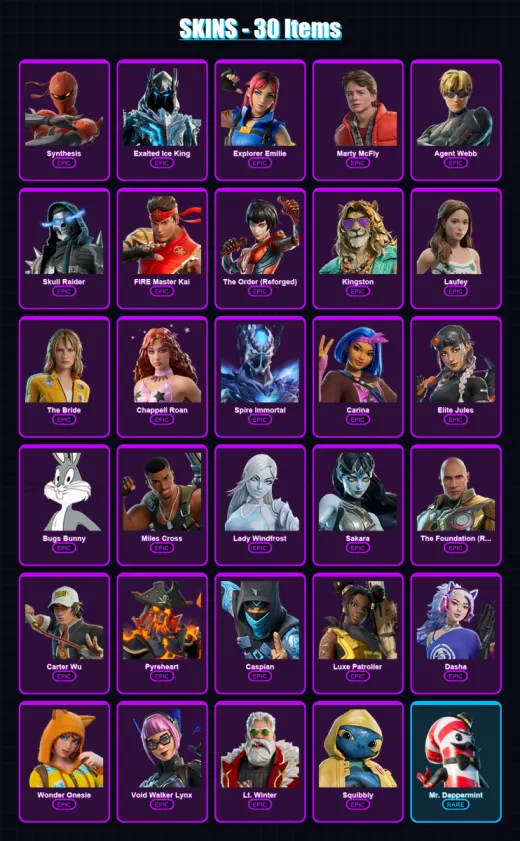 [PC/PSN] | Synthesis | Exalted Ice King | Explorer Emilie | Marty McFly | Agent Webb | 30 skin | 40 pickaxe | 27 emote | 29 glider | Lv297