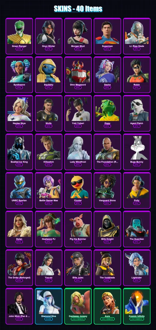 [PS4/PS5/XBOX/PC] | Green Ranger | Onyx Winter | Morgan Myst | Superman | Lt. Ripp Slade | 40 skin | 84 pickaxe | 52 emote | 52 glider | Lv1189