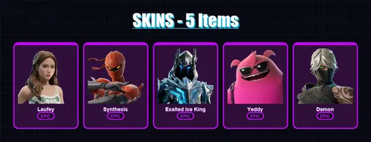 [PC/PSN] | Laufey | Synthesis | Exalted Ice King | Yeddy | Damon | 5 skin | 6 pickaxe | 3 emote | 6 glider | Lv17