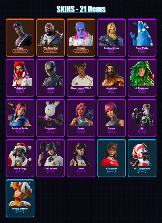 [PC/XBOX] | Fade | The Scientist | Kymera | Scuba Jonesy | Polar Peely | 21 skin | 45 pickaxe | 39 emote | 47 glider | Lv939