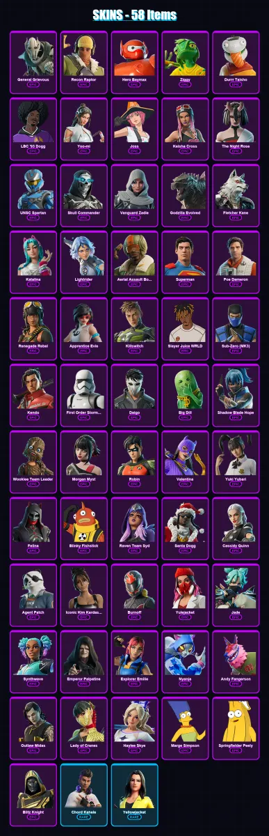 [PC] | General Grievous | Recon Raptor | Hero Baymax | Ziggy | Durrr Taisho | 58 skin | 102 pickaxe | 59 emote | 73 glider | Lv1171
