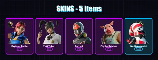 [PC/PSN] | Explorer Emilie | Yuki Yubari | Burnoff | Pig the Butcher | Mr. Dappermint | 5 skin | 34 pickaxe | 13 emote | 21 glider | Lv214