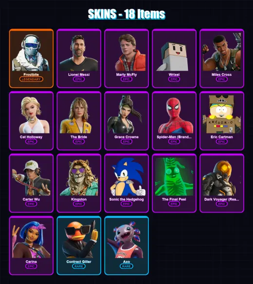 [SWITCH/XBOX/PSN/PC] | Frostbite | Lionel Messi | Marty McFly | Wrixel | Miles Cross | 18 skin | 33 pickaxe | 23 emote | 28 glider | Lv223