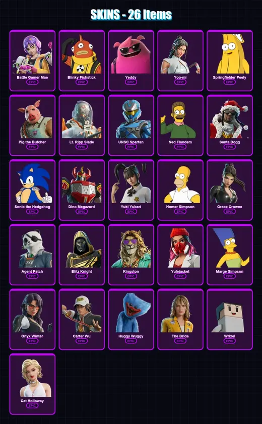 [PC/XBOX/PSN] | Battle Gamer Mae | Blinky Fishstick | Yeddy | Yoo-mi | Springfielder Peely | 26 skin | 68 pickaxe | 34 emote | 43 glider | Lv415 — Game account