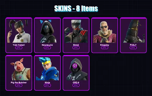 [PC/XBOX] | Yuki Yubari | NeuraLynx | Shinji | Kingsley | P33LY | 8 skin | 52 pickaxe | 20 emote | 33 glider | Lv368