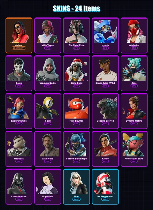 [PC/PSN] | Joltara | Iridia Vayne | The Night Rose | Nyanja | Yulejacket | 24 skin | 72 pickaxe | 36 emote | 50 glider | Lv1012
