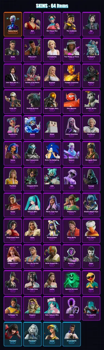 [PC/XBOX/PSN] | Galaxy Scout | Mali | Neo Future Rox | The Voidblade | Hel | 64 skin | 81 pickaxe | 62 emote | 45 glider | Lv674