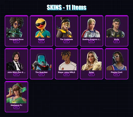 [PC/XBOX] | Vanguard Slone | Cluster | The Voidblade | Dueling Dragons Jackie | Wolfe | 11 skin | 29 pickaxe | 21 emote | 25 glider | Lv206