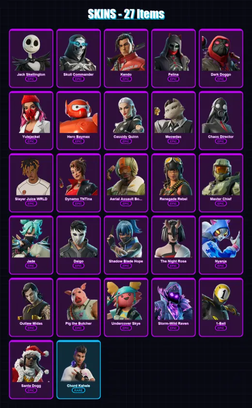 [PC/PSN] | Jack Skellington | Skull Commander | Kendo | Felina | Dark Doggo | 27 skin | 39 pickaxe | 24 emote | 26 glider | Lv223