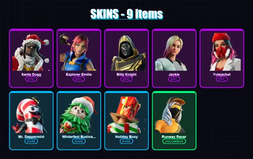 [PC/XBOX/PSN] | Santa Dogg | Explorer Emilie | Blitz Knight | Jackie | Yulejacket | 9 skin | 25 pickaxe | 14 emote | 27 glider | Lv380