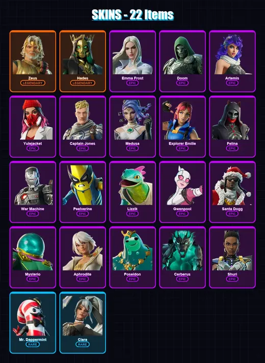 [PC] | Zeus | Hades | Emma Frost | Doom | Artemis | 22 skin | 23 pickaxe | 18 emote | 18 glider | Lv259 — Game account