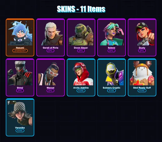 [PS4/PS5/XBOX/PC] | Nezumi | Geralt of Rivia | Doom Slayer | Selene | Dusty | 11 skin | 31 pickaxe | 13 emote | 32 glider | Lv271