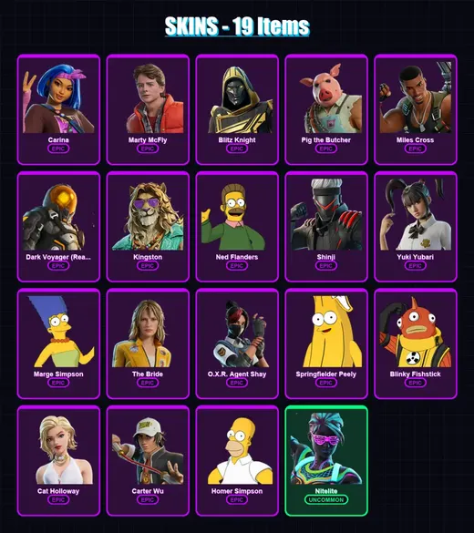 [PC/XBOX] | Carina | Marty McFly | Blitz Knight | Pig the Butcher | Miles Cross | 19 skin | 53 pickaxe | 30 emote | 32 glider | Lv584