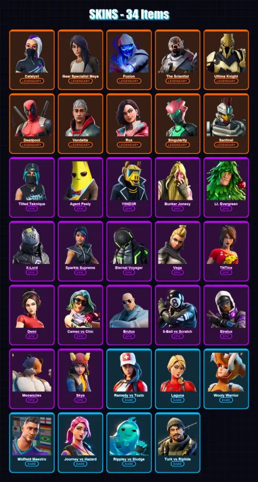 [PC/XBOX/PSN] | Catalyst | Gear Specialist Maya | Fusion | The Scientist | Ultima Knight | 34 skin | 34 pickaxe | 39 emote | 38 glider | Lv485