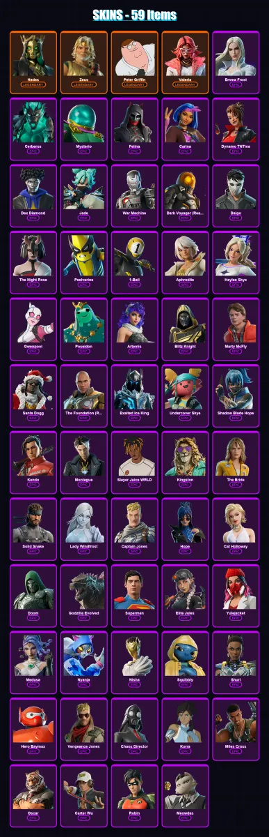 [SWITCH/XBOX/PSN/PC] | Hades | Zeus | Peter Griffin | Valeria | Emma Frost | 59 skin | 104 pickaxe | 68 emote | 73 glider | Lv838