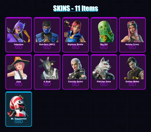[PC/XBOX/PSN] | Valentina | Sub-Zero (MK3) | Explorer Emilie | Big Dill | Keisha Cross | 11 skin | 27 pickaxe | 21 emote | 20 glider | Lv223