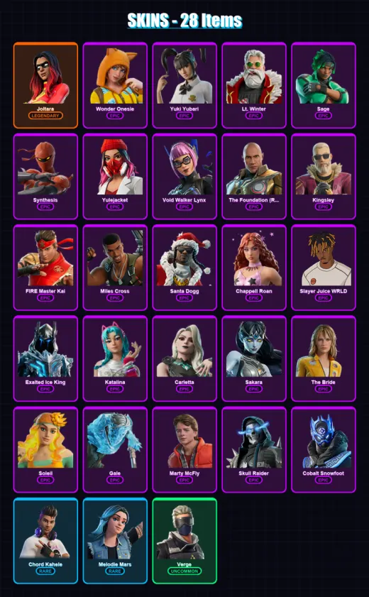 [PS4/PS5/PC] | Joltara | Wonder Onesie | Yuki Yubari | Lt. Winter | Sage | 28 skin | 52 pickaxe | 21 emote | 25 glider | Lv225