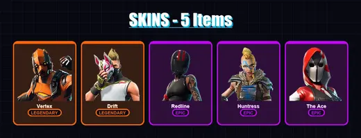[PC/XBOX/PSN] | Vertex | Drift | Redline | Huntress | The Ace | 5 skin | 6 pickaxe | 6 emote | 7 glider | Lv74 — Game account