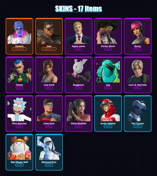[PC/PSN] | Kymera | Joey | Agent Jones | Doctor Slone | Sunny | 17 skin | 26 pickaxe | 18 emote | 23 glider | Lv348