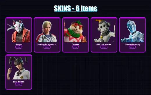[PS4/PS5/XBOX/PC] | Serge | Dueling Dragons Jackie | Cheeks | GHOST Monks | Glacial Dummy | 6 skin | 38 pickaxe | 18 emote | 25 glider | Lv486