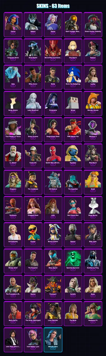 [PC/PSN] | Carina | Sakara | Dasha | Dark Voyager (Reality Redacted) | Omen Hunter Calamity | 63 skin | 109 pickaxe | 49 emote | 60 glider | Lv742