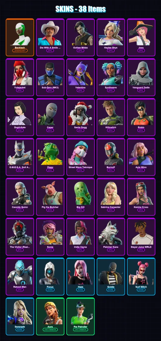 [PC/PSN] | Backlash | Die With A Smile Bruno | Outlaw Midas | Haylee Skye | Joss | 38 skin | 74 pickaxe | 48 emote | 43 glider | Lv1209