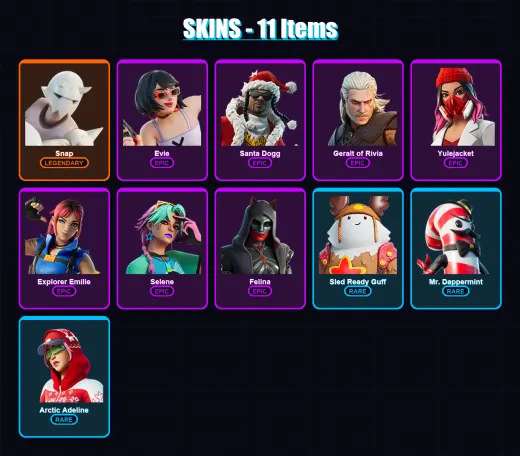 [PC] | Snap | Evie | Santa Dogg | Geralt of Rivia | Yulejacket | 11 skin | 33 pickaxe | 17 emote | 22 glider | Lv276
