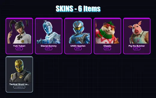 [PS4/PS5/XBOX/PC] | Yuki Yubari | Glacial Dummy | UNSC Spartan | Cheeks | Pig the Butcher | 6 skin | 41 pickaxe | 15 emote | 31 glider | Lv365