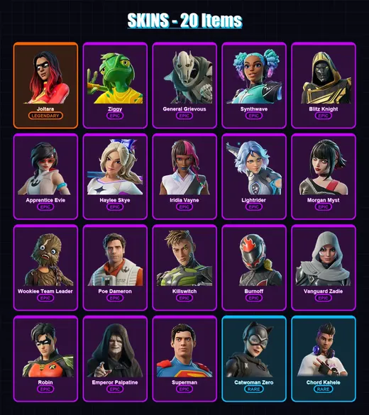 [PC/XBOX/PSN] | Joltara | Ziggy | General Grievous | Synthwave | Blitz Knight | 20 skin | 50 pickaxe | 27 emote | 38 glider | Lv1065 — Game account