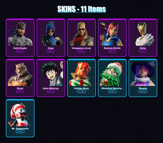 [PC/XBOX/PSN] | Solid Snake | Hope | Vengeance Jones | Explorer Emilie | Nisha | 11 skin | 6 pickaxe | 6 emote | 8 glider | Lv55 — Game account
