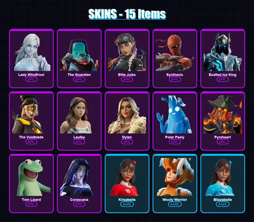 [PC/PSN] | Lady Windfrost | The Guardian | Elite Jules | Synthesis | Exalted Ice King | 15 skin | 34 pickaxe | 26 emote | 28 glider | Lv304