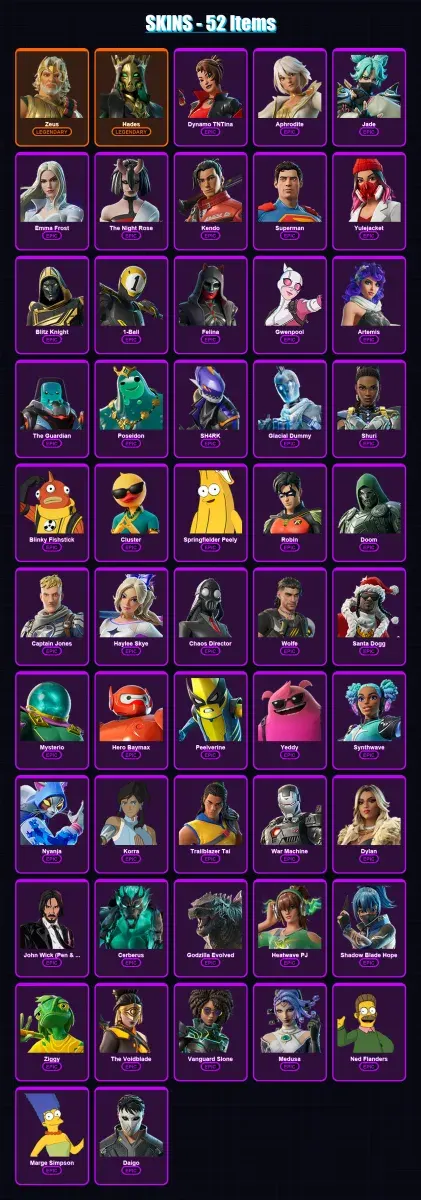 [PS4/PS5/XBOX/PC] | Zeus | Hades | Dynamo TNTina | Aphrodite | Jade | 52 skin | 114 pickaxe | 65 emote | 81 glider | Lv1071