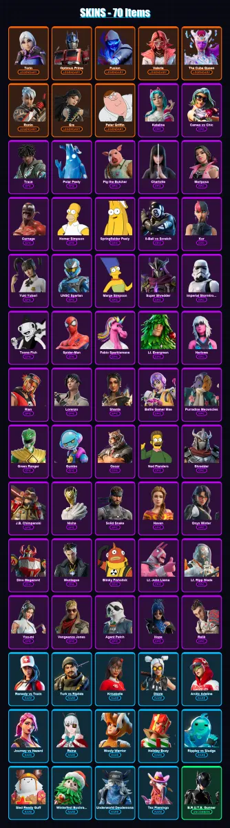 [SWITCH/PSN/PC] | Torin | Optimus Prime | Fusion | Valeria | The Cube Queen | 70 skin | 101 pickaxe | 68 emote | 78 glider | Lv1255