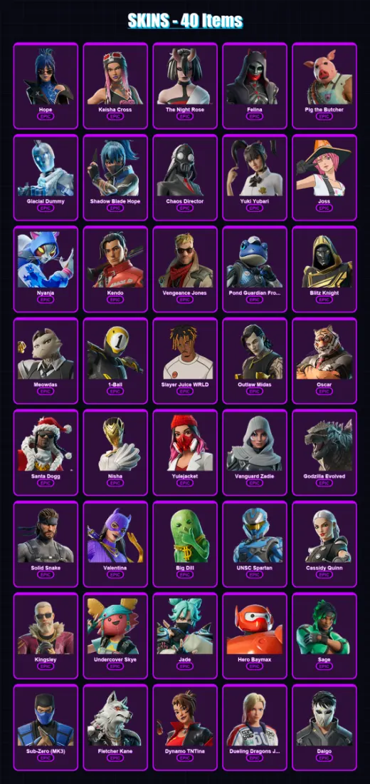 [PS4/PS5/XBOX/PC] | Hope | Keisha Cross | The Night Rose | Felina | Pig the Butcher | 40 skin | 105 pickaxe | 57 emote | 75 glider | Lv1063