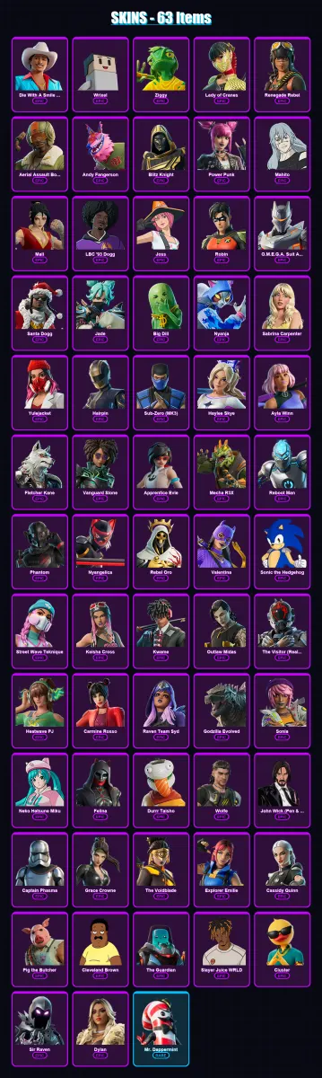 [PC/XBOX/PSN] | Die With A Smile Bruno | Wrixel | Ziggy | Lady of Cranes | Renegade Rebel | 63 skin | 99 pickaxe | 63 emote | 58 glider | Lv560