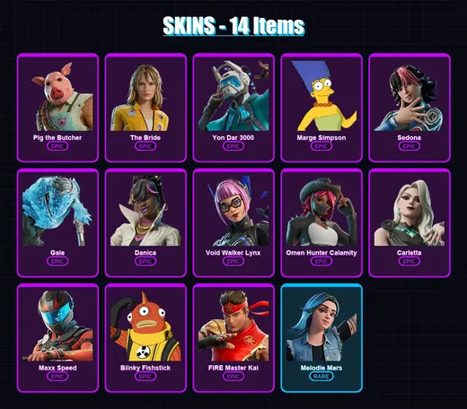 [PS4/PS5/XBOX/PC] | Pig the Butcher | The Bride | Yon Dar 3000 | Marge Simpson | Sedona | 14 skin | 19 pickaxe | 11 emote | 8 glider | Lv90 — Game account