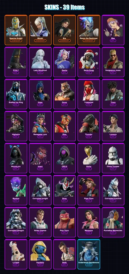 [PC/XBOX] | Spectra Knight | Mizuki | Era | Renzo the Destroyer | Mae | 39 skin | 76 pickaxe | 39 emote | 64 glider | Lv761