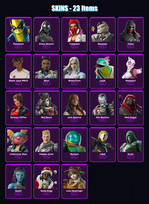 [PS4/PS5/XBOX/PC] | Peelverine | Chaos Director | Yulejacket | Meowdas | Felina | 23 skin | 84 pickaxe | 34 emote | 54 glider | Lv642