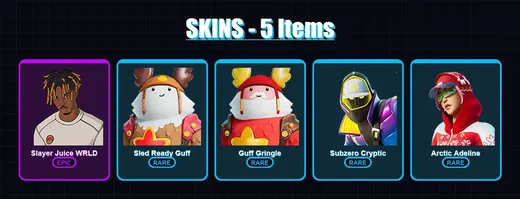 [PC] | Slayer Juice WRLD | Sled Ready Guff | Guff Gringle | Subzero Cryptic | Arctic Adeline | 5 skin | 7 pickaxe | 7 emote | 12 glider | Lv81