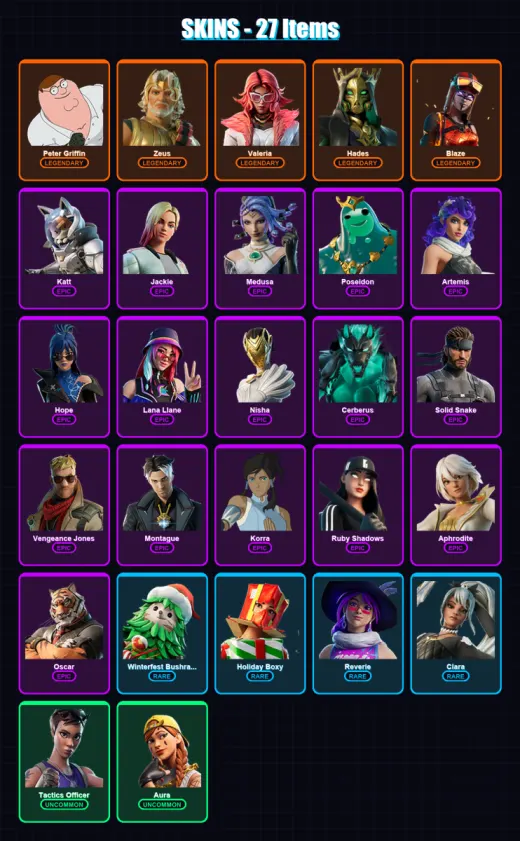 [PC/XBOX/PSN] | Peter Griffin | Zeus | Valeria | Hades | Blaze | 27 skin | 47 pickaxe | 34 emote | 37 glider | Lv700