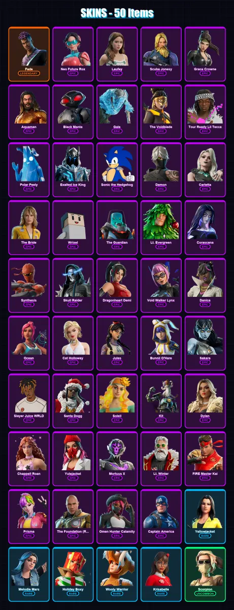[PC/PSN] | Fade | Neo Future Rox | Laufey | Scuba Jonesy | Grace Crowne | 50 skin | 55 pickaxe | 38 emote | 35 glider | Lv276