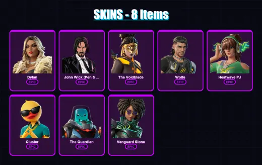 [PS4/PS5/XBOX/PC] | Dylan | John Wick (Pen & Ink) | The Voidblade | Wolfe | Heatwave PJ | 8 skin | 18 pickaxe | 13 emote | 14 glider | Lv176