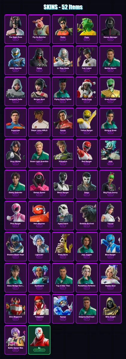 [SWITCH/XBOX/PSN/PC] | The Night Rose | Pig the Butcher | Robin | Ziggy | Games Manager | 52 skin | 114 pickaxe | 73 emote | 76 glider | Lv2364