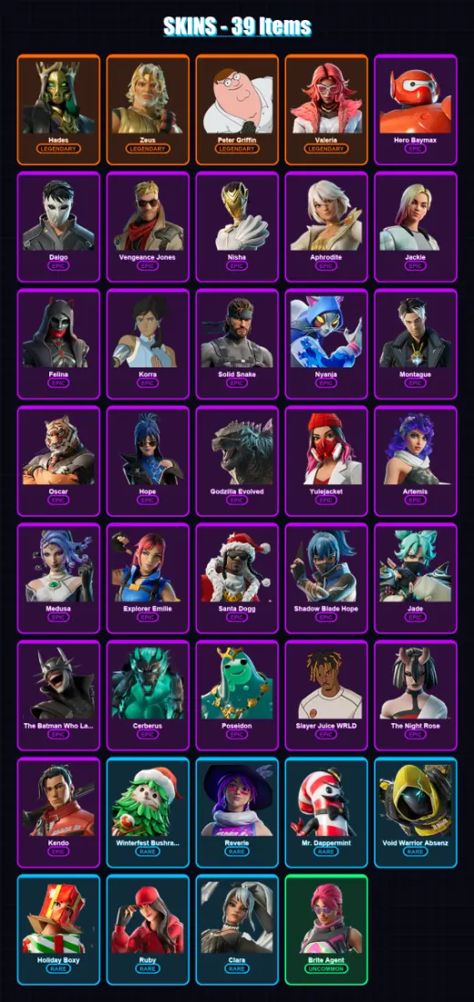 [PC/PSN] | Hades | Zeus | Peter Griffin | Valeria | Hero Baymax | 39 skin | 91 pickaxe | 63 emote | 68 glider | Lv1016
