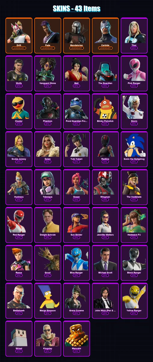 [PS4/PS5/PC] | Drift | Fade | Mandalorian | Carbide | Thor | 43 skin | 87 pickaxe | 52 emote | 63 glider | Lv966