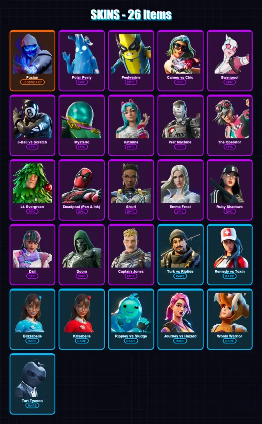 [PC/XBOX] | Fusion | Polar Peely | Peelverine | Cameo vs Chic | Gwenpool | 26 skin | 32 pickaxe | 31 emote | 30 glider | Lv417